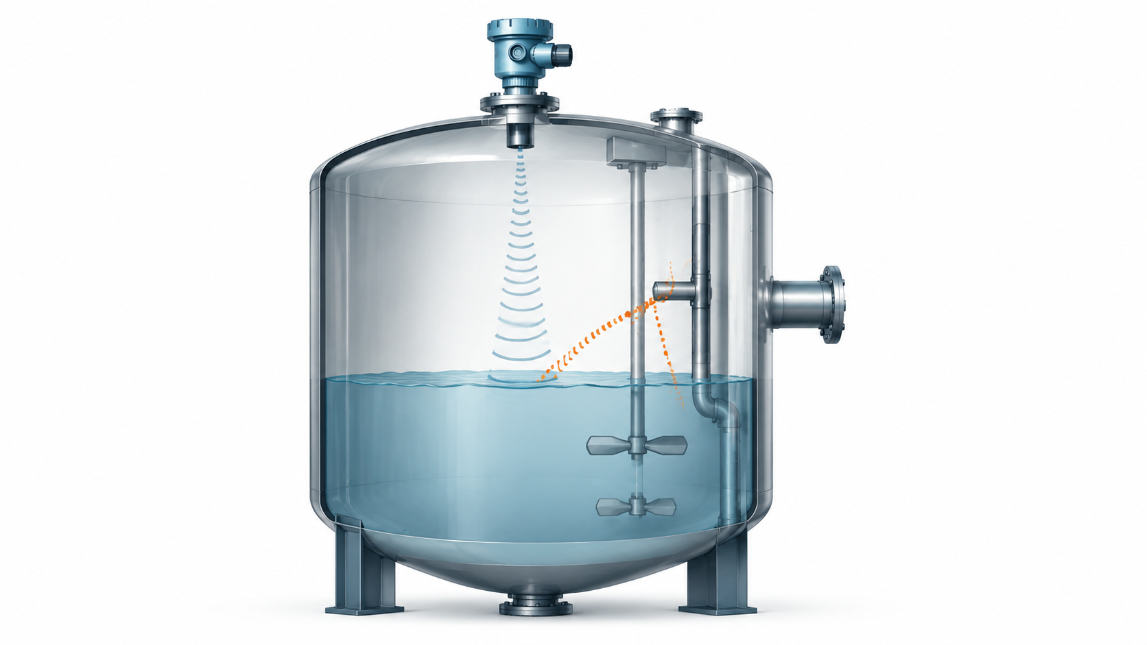 Non-contacting radar level transmitter measuring level in an industrial process vessel